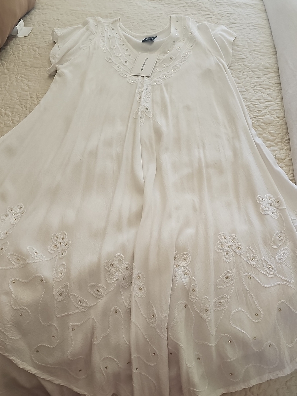 Embroidered White Midi Dress with Bead Accents